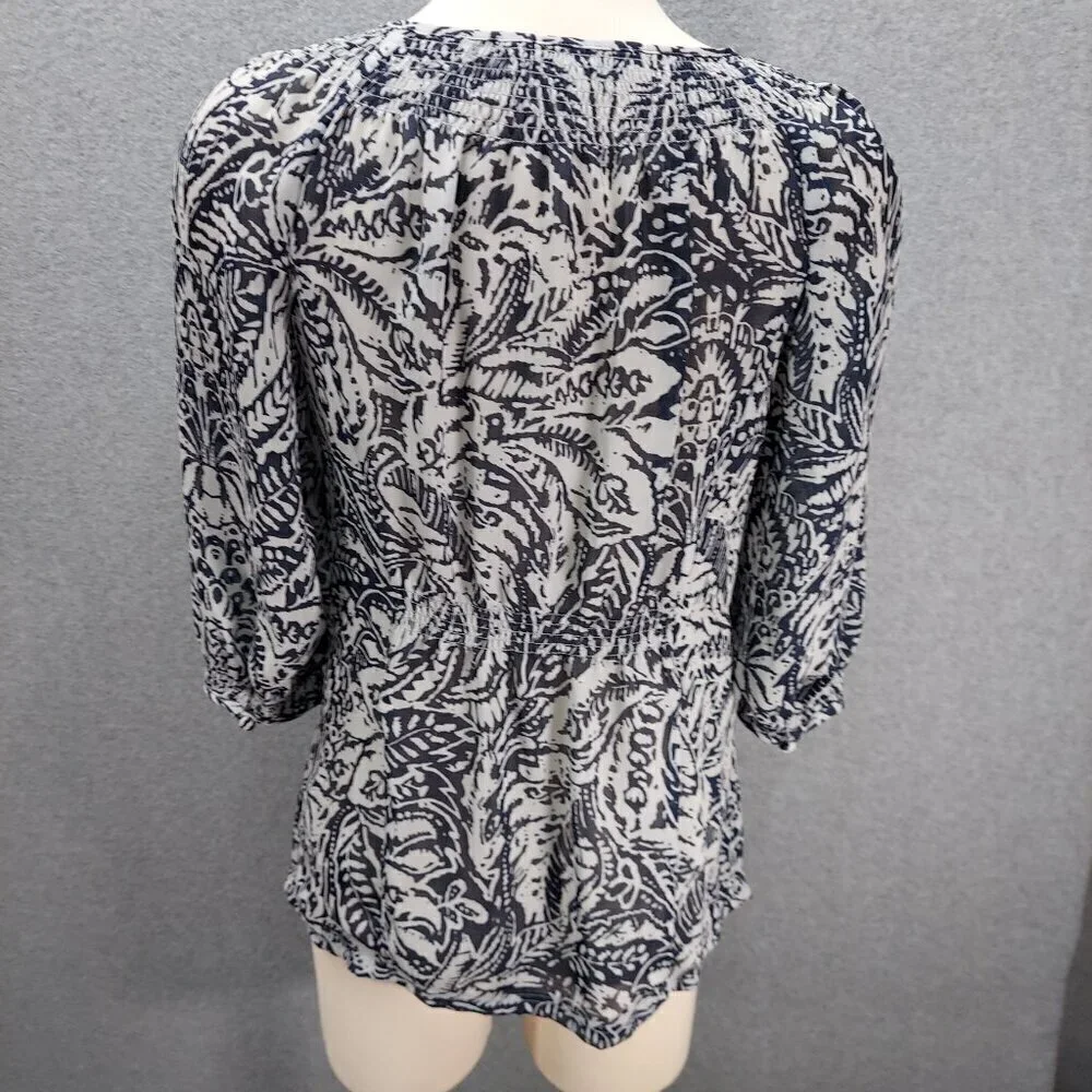 Banana Republic Womens Black‎ Floral Semisheer Puff Short Sleeve Blouse SZ Small